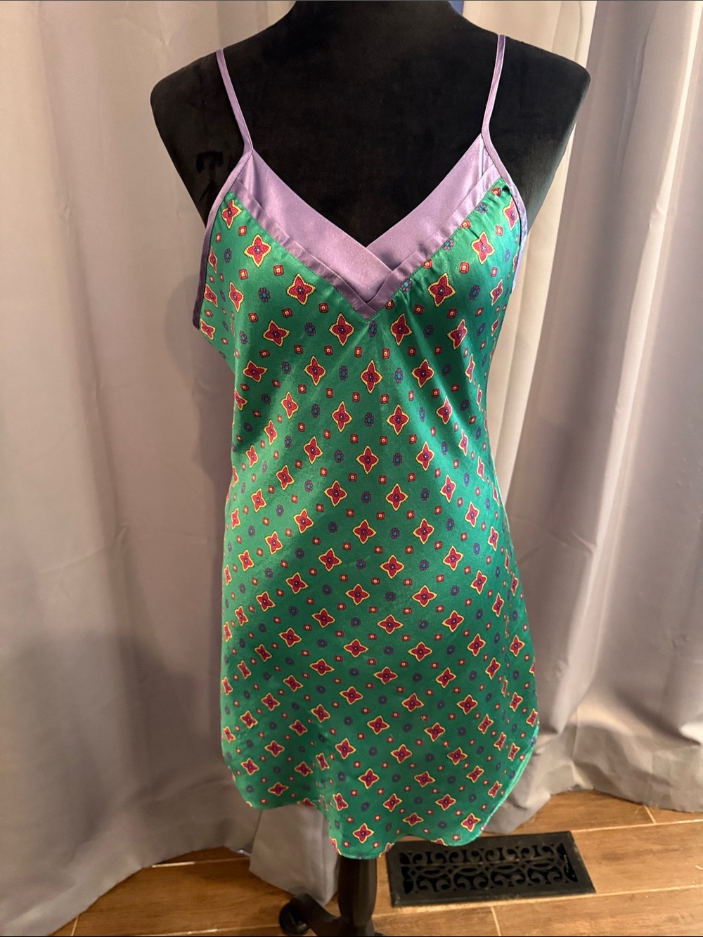 Green Printed Slip Dress with Lavender Trim